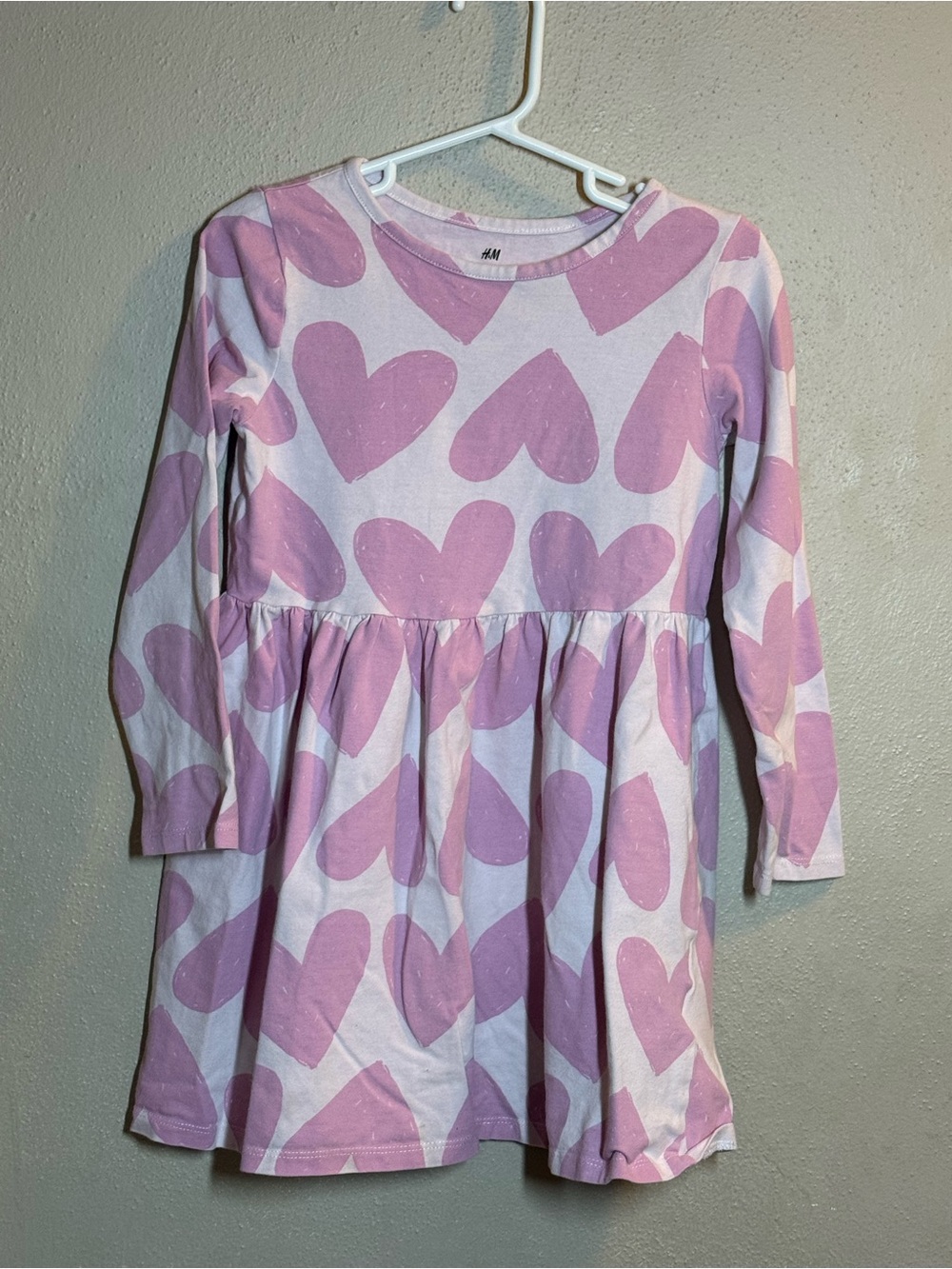 Girls H&M Light Pink Heart-Print Long Sleeve Dress Sz 5T-6